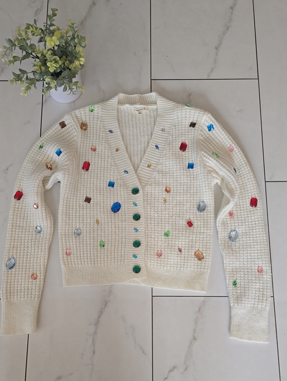 Embellished Ivory Knit Cardigan Sweater